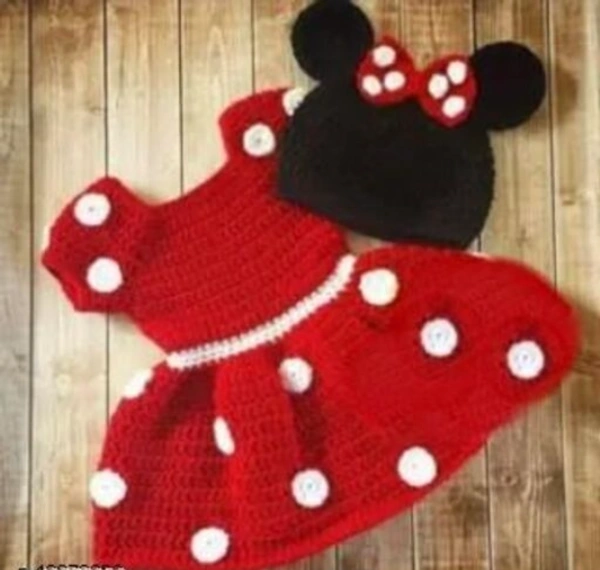 Handmade Christmas Woolen Outfit For Toddlers With Mickey Cap | Wimter Festive Dress Set - 3-6 Months